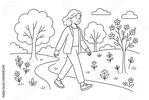 Woman walking in nature: relaxing scene of leisurely stroll through park landscape