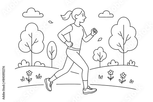 Woman running in park: black and white linear art of jogging in nature