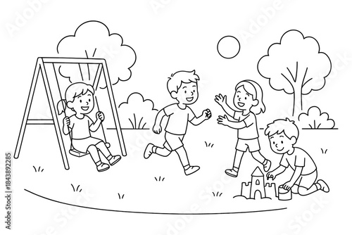 Joyful kids playing outdoors in a park with swing and sandbox