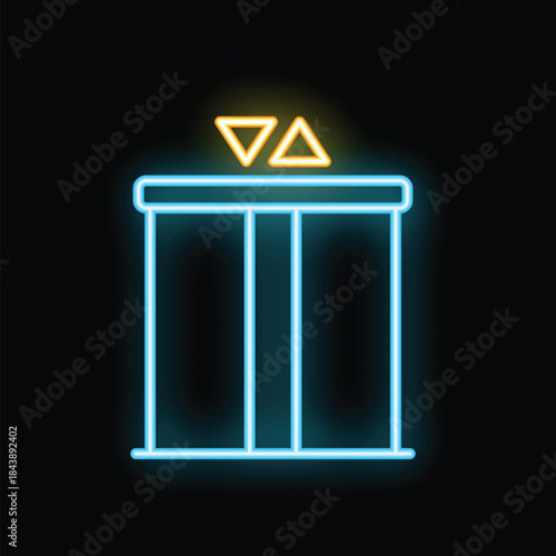 Neon elevator sign with up and down arrows illuminated on black wall