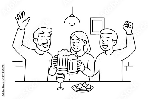 Group of friends enjoying beers and snacks in a cheerful pub setting