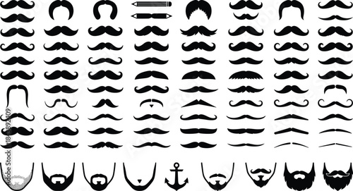 Big set of vintage mustache and beard silhouettes, hipster barber shop hairstyles, male facial hair vector icons isolated on white background.