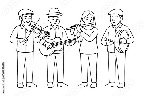 Traditional irish music band playing instruments in linear style
