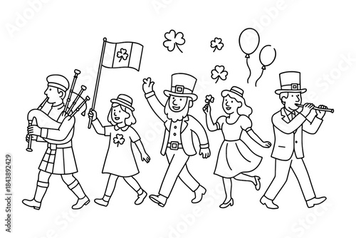 Festive st. patrick's day parade with happy people in traditional dress and shamrocks