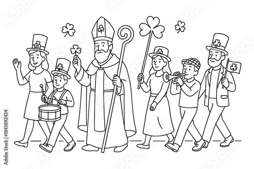 Saint patrick's day parade with shamrocks and musicians in line art style