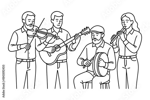 Linear drawing of musicians playing traditional irish instruments in black and white