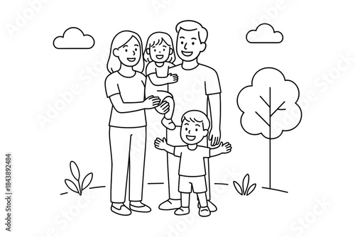 Happy family outline in park setting with smiling parents and children