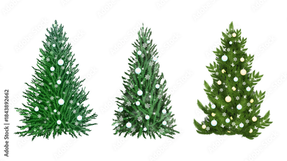 Fototapeta premium A festive collection of three beautiful christmas trees adorned with sparkling ornaments and lights