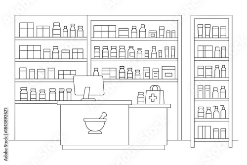 Minimalist pharmacy interior with shelves of medicine and health products in linear design