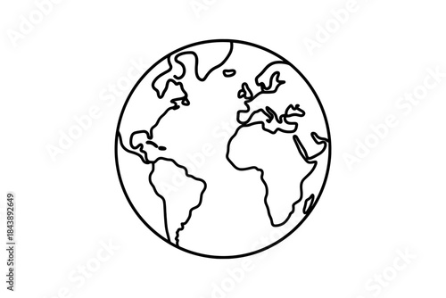 Minimalist globe outline with continents in black and white