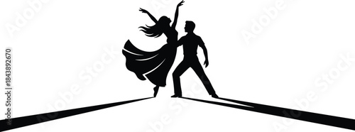 Elegant Ballroom Dancing Couple Silhouette in Dramatic Pose with Reflection for Romance, Event, and Performance Design Vector