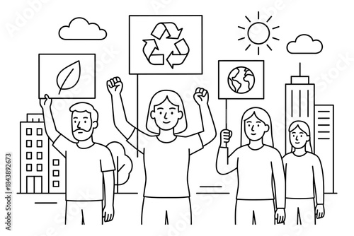 Linear protest for environmental awareness with nature symbols and cityscape