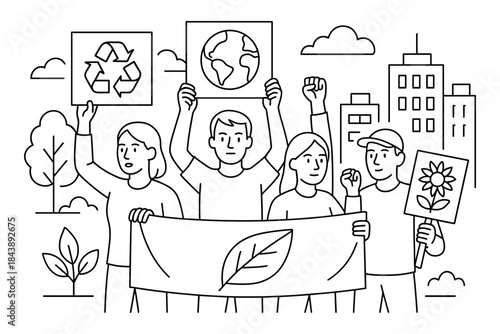 Linear design showing environmental activists advocating for ecological causes in urban setting