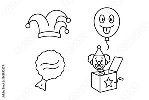 Playful line art of joker elements with balloon and prank box