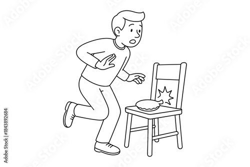 Cartoon outline of person reacting to whoopee cushion prank on chair