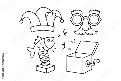 Playful april fools day icons in black and white line art style