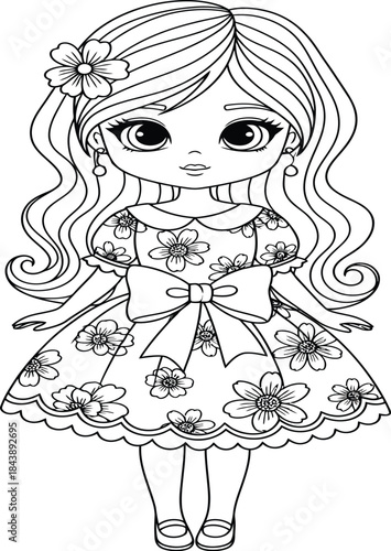Adorable outline of a cute little girl with long wavy hair wearing a floral dress and a bow, perfect for children coloring books and craft projects