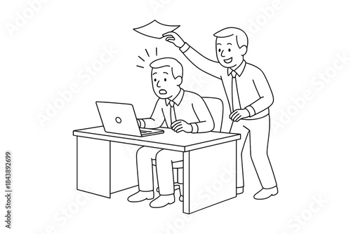 Coworker playfully surprises colleague at desk in minimalist office scene