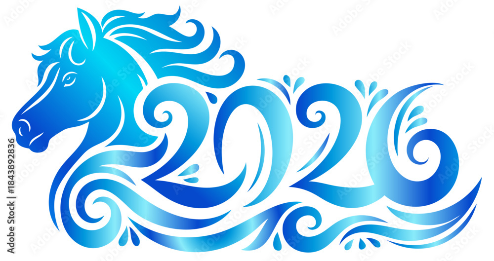 Fototapeta premium 2026 Year of the Horse — Strong Horse with Flowing Mane in Blue Winter Metallic Gradient