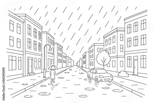 Urban rainy day scene with street, buildings, and umbrella in linear style