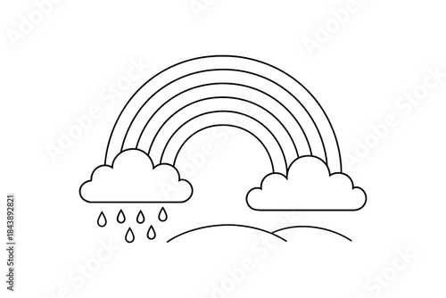 Simple outline rainbow with clouds and raindrops for kids