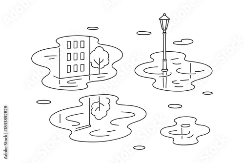 Linear style urban flooding: buildings and trees in water puddles