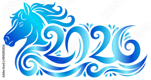 2026 Year of the Horse — Strong Horse with Flowing Mane in Blue Winter Metallic Gradient