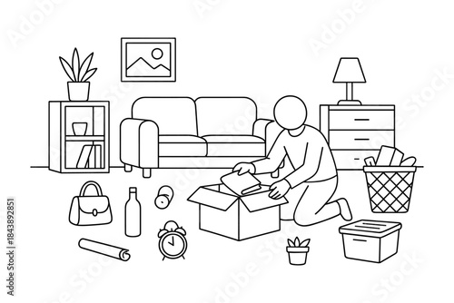 Minimalist room organization with person unpacking box in linear style