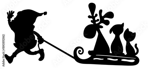 Elf Pulling Sled with Reindeer, Dog and Cat – Christmas Silhouette