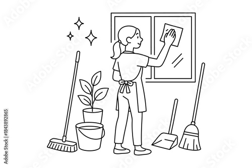 Woman in apron cleaning window with broom and bucket in simple line art style