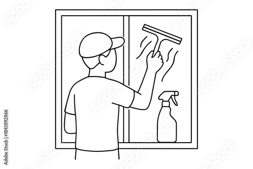 Person cleaning window with squeegee line art