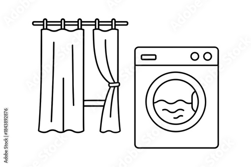Washing machine and curtain line art with minimalistic home decor elements