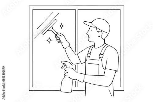 Window cleaning professional in action: black and white line art