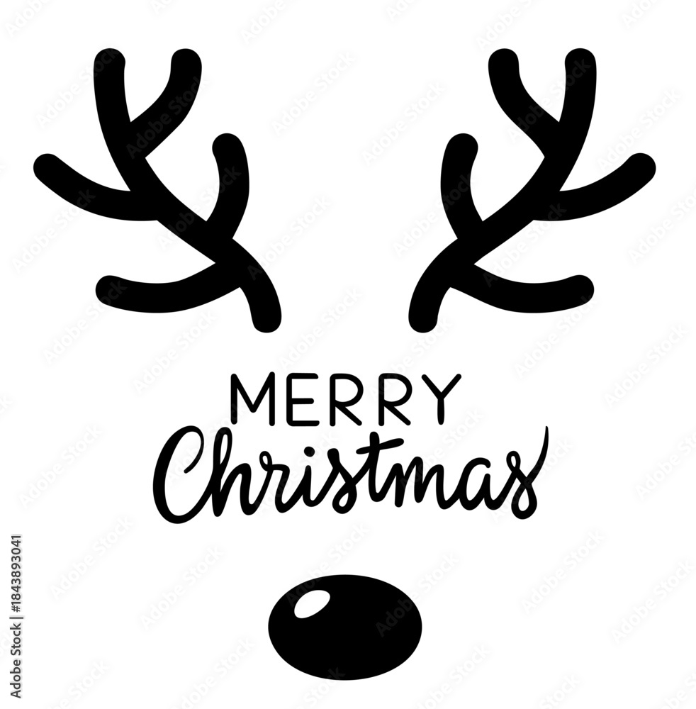 Naklejka premium Reindeer Christmas Face with Antlers and Merry Christmas Lettering
