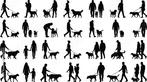 Extensive Vector Collection of Black Silhouettes of Diverse People and Pets Walking, Including Individuals, Families, Children, and Couples with Various Dog Breeds on Leashes, Pet Ownership