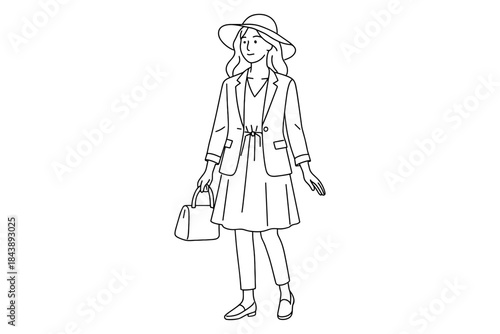 Casual fashion woman line art in hat and chic outfit