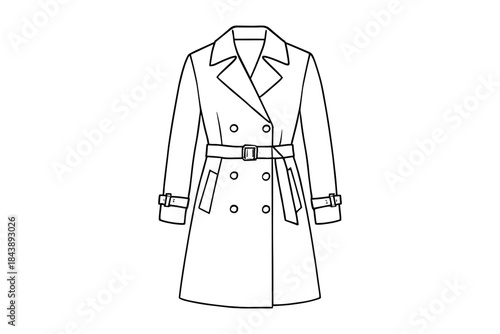 Stylish linear trench coat with belt and buttons outline