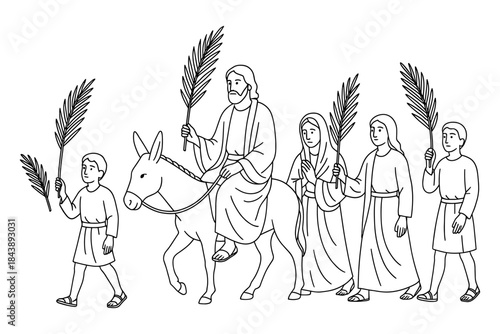 Palm sunday procession with jesus on donkey in line art style