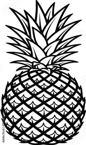 Outline drawing of a whole pineapple with its spiky crown and textured body, featuring a symmetrical pattern of scales