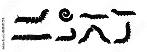 A collection of eight black worm or caterpillar illustrations on a white background.