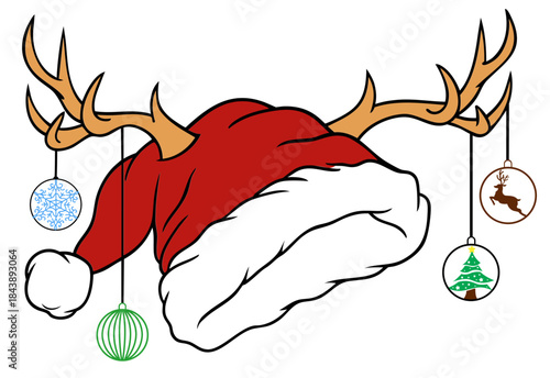 Christmas Reindeer Antlers with Santa Hat and Hanging Ornaments — Festive Holiday Decoration