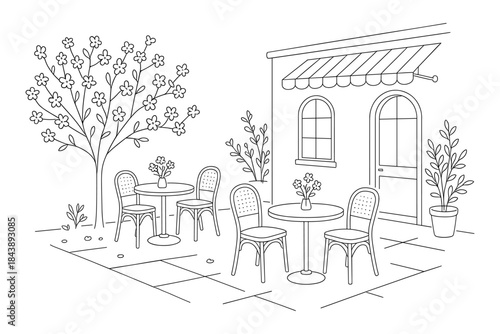 Charming outdoor cafe patio with blooming tree and elegant bistro chairs in line art style