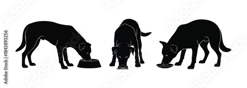 Three black dog silhouettes eating from bowls