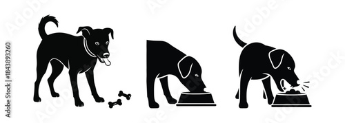 Black silhouettes of a dog eating from a bowl in three different positions.