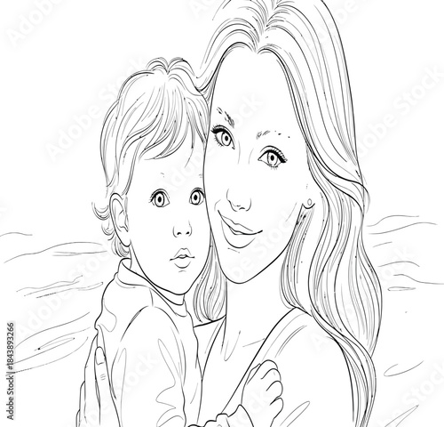 Loving mother embracing her adorable baby, both smiling warmly with detailed hair and facial features in a tender family portrait