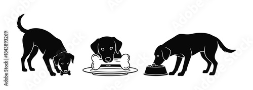 Three black dogs eating from bowls in different positions.
