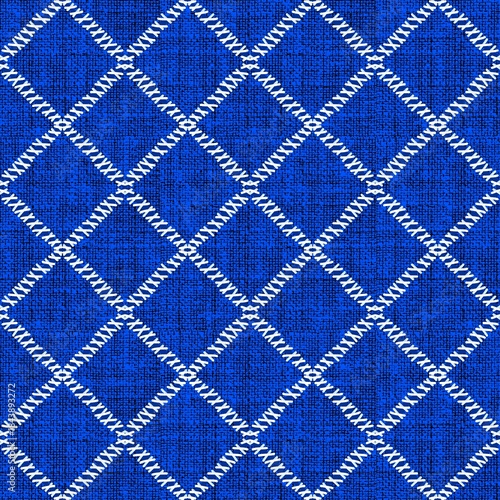 Foto Blue fabric texture background with detailed sewed pattern stitching and textile