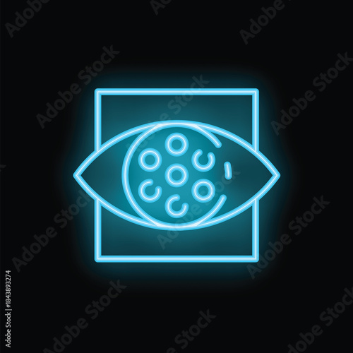 Blue neon glowing icon of an eye watching a film reel, for a cinema or movie concept