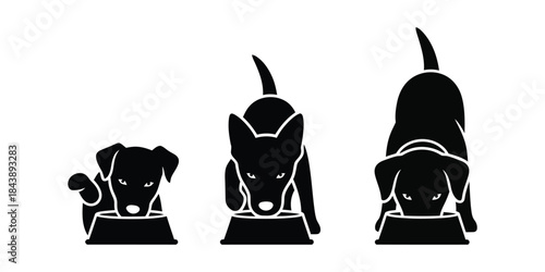 Three black dog silhouettes eating from bowls in different positions.