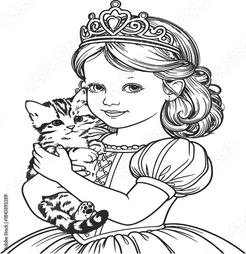 Pretty little girl dressed as a princess wearing a crown, holding and cuddling a striped cat affectionately with a sweet smile